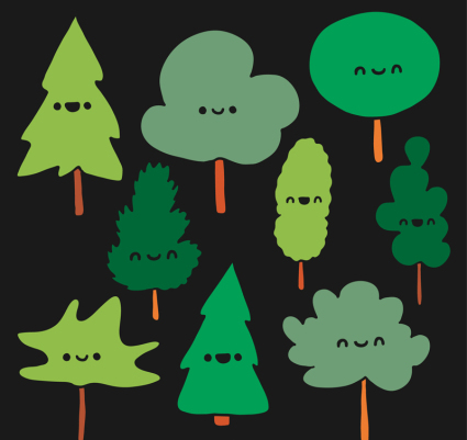 9 cartoon faces trees design vector material