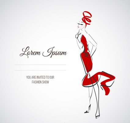 Girl wearing a red dress invitation card vector material