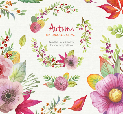 A variety of watercolor autumn floral vector material