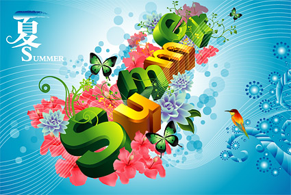 summer, flowers, butterflies, birds three-dimensional characters