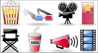Movie tickets, popcorn, glasses, camera, icons vector