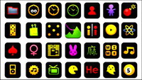 Black icons, web buttons, bombs, camera, Bluetooth Clock Calculator Games