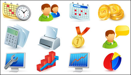 Calendar, clock, users, gold coins, calculators vector