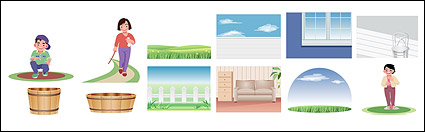 Cartoon characters and scenery material vector